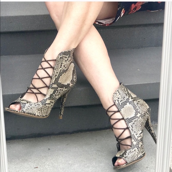 Mia Shoes - MIA snakeskin print bootie lace front HEELS BOOTS
